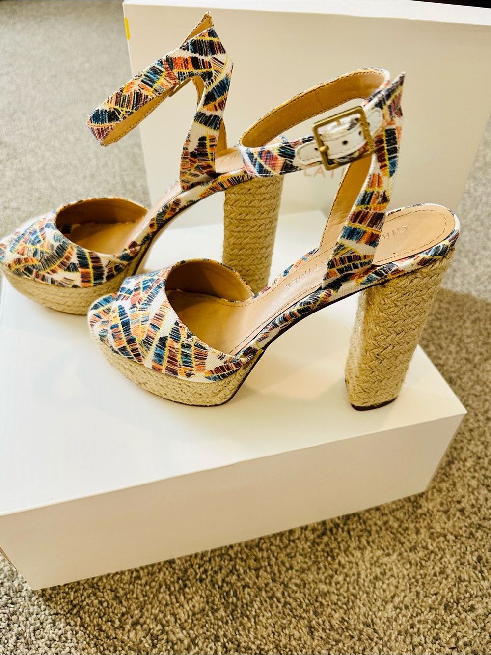 Multi-Color Patterned Platform Espadrille Sandals with Ankle Strap